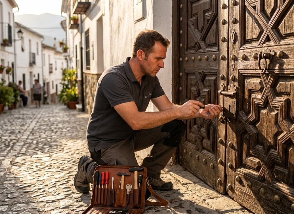 Cerrajero arreglando cerradura de madera tradicional en Alfacar